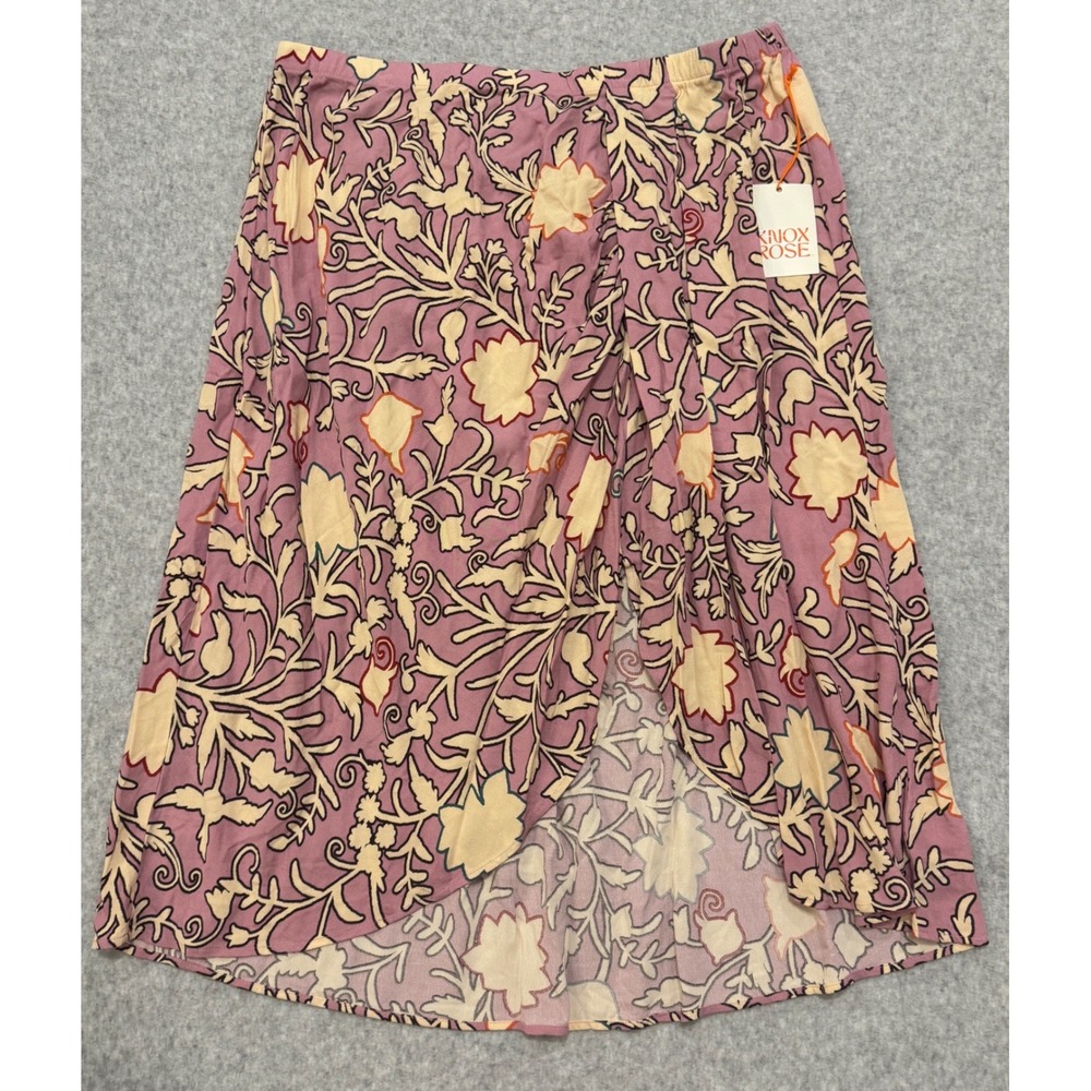 NWT Knox Rose Pink Floral Faux Wrap Midi Skirt XXL Crepe Tulip Hem Boho Beach
